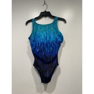 Longtitude One Piece Swimsuit Black Blue Print Shimmer Size 10 Cruise Resort
